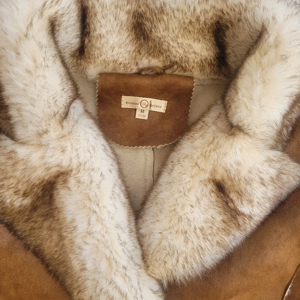 Stunning WILSONS Brown Long Faux Suede Fur Trim Sherpa Shearling Coat Y2K Sz M - Picture 5 of 12